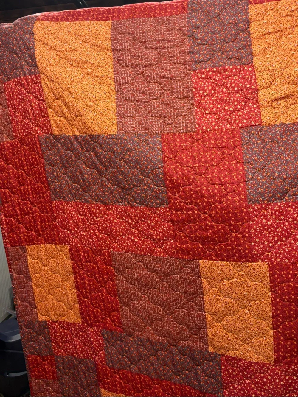 Warm Tones Patchwork Comforter in Red, Orange, and Brown